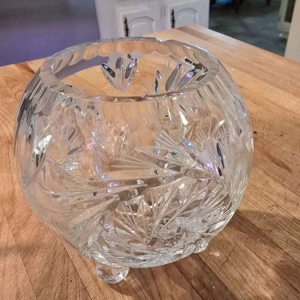 VTG Hand Cut Crystal Ball Three Feet Rose Bowl Vase Hobstar Pinwheel Heavy